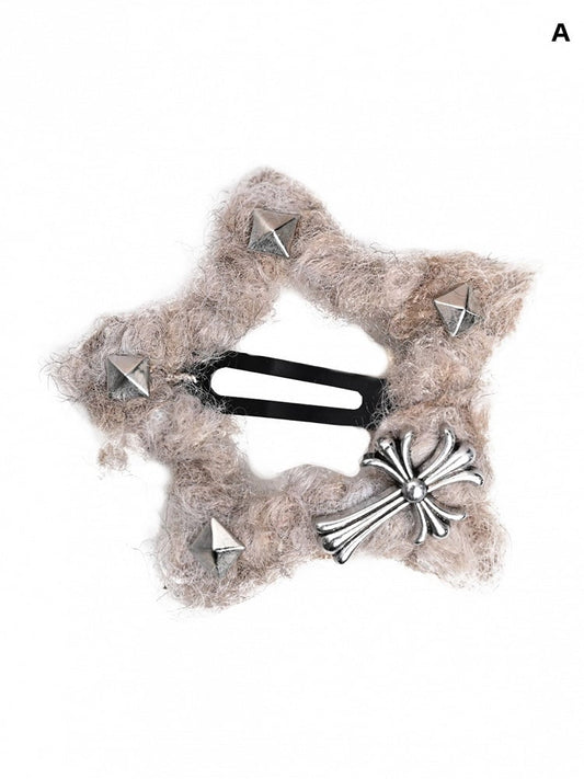 Cross Decorated Light Coffee Plush Star/Cloud Shaped Hairclip