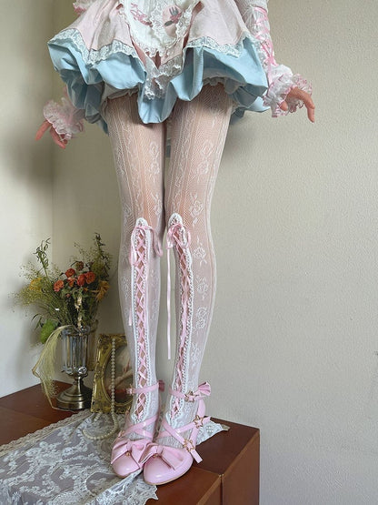 White Floral Pattern Hollow-out Tights With Pink Lace-up Design