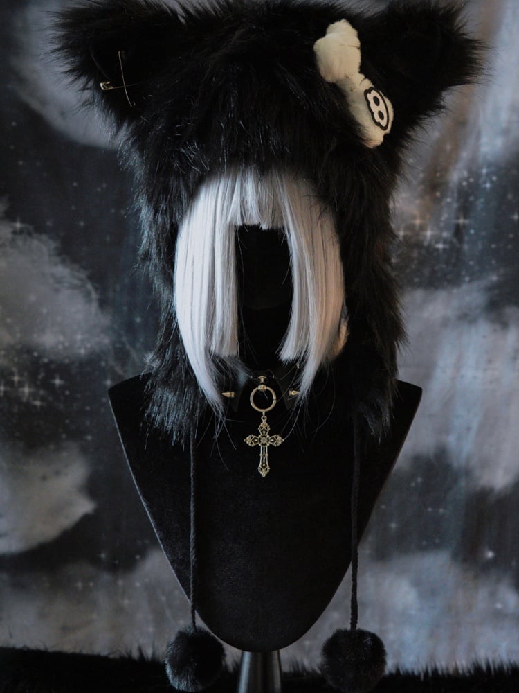 Black Gothic Pompon Charms Plush Cat Ear Hat With Pin Decorated Skeleton Applique Bone
