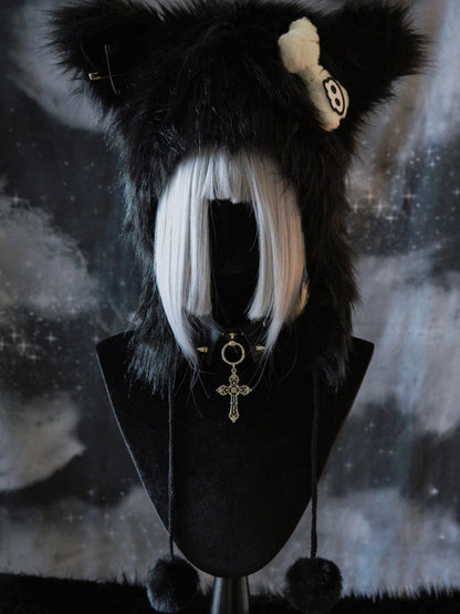 Black Gothic Pompon Charms Plush Cat Ear Hat With Pin Decorated Skeleton Applique Bone