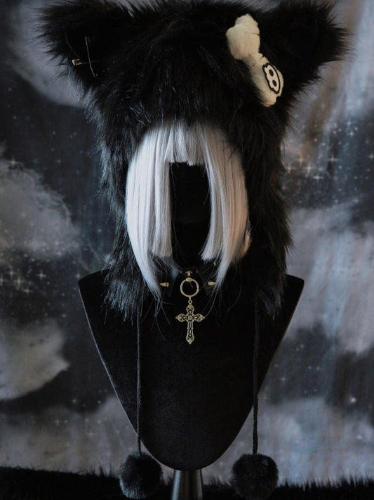 Black Gothic Pompon Charms Plush Cat Ear Hat With Pin Decorated Skeleton Applique Bone