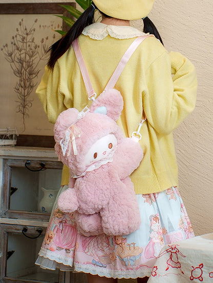 Pink Rabbit Bowknot Lace Details Plush Backpack Small/Middle/Large Size