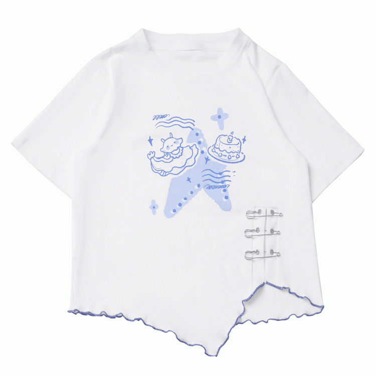 Blue Jellyfish Print Pin Details Slit Hem Asymmetrical Lettuce Hem White T-shirt