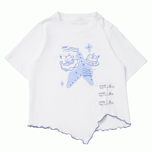 Blue Jellyfish Print Pin Details Slit Hem Asymmetrical Lettuce Hem White T-shirt