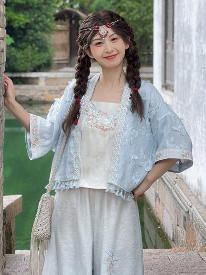 Butterfly Design Blue Floral Embroidery Long Sleeves Top Tassels Hem