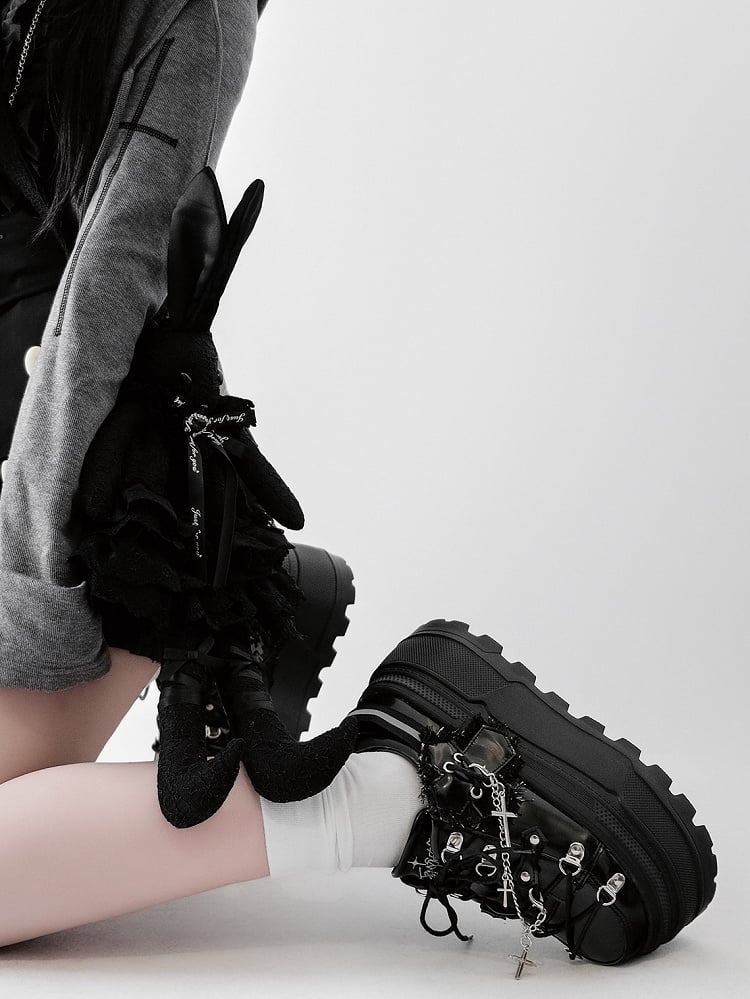 Black Punk Front Lace-up Ties Design Platform Shoes With Detachable Cross Charm Chain