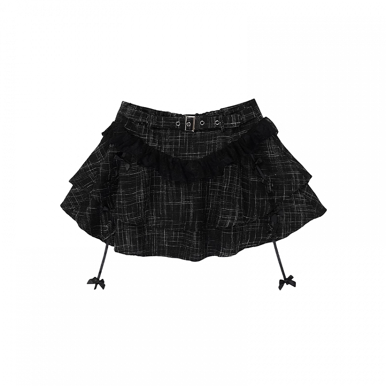 Buckle Belt Bowknots Decorated Black Plaid Tiered Skirt
