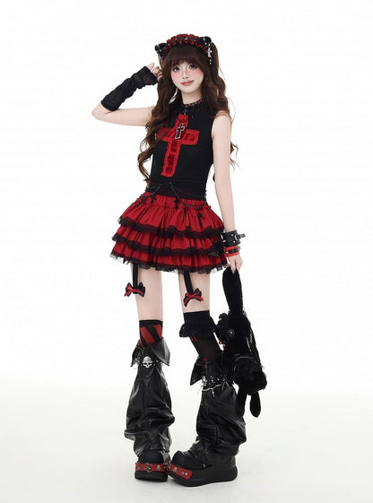 Y2K Red/Pink/Black Lace Trim Glamorous Tiered Skirt with Detachable Bowknot
