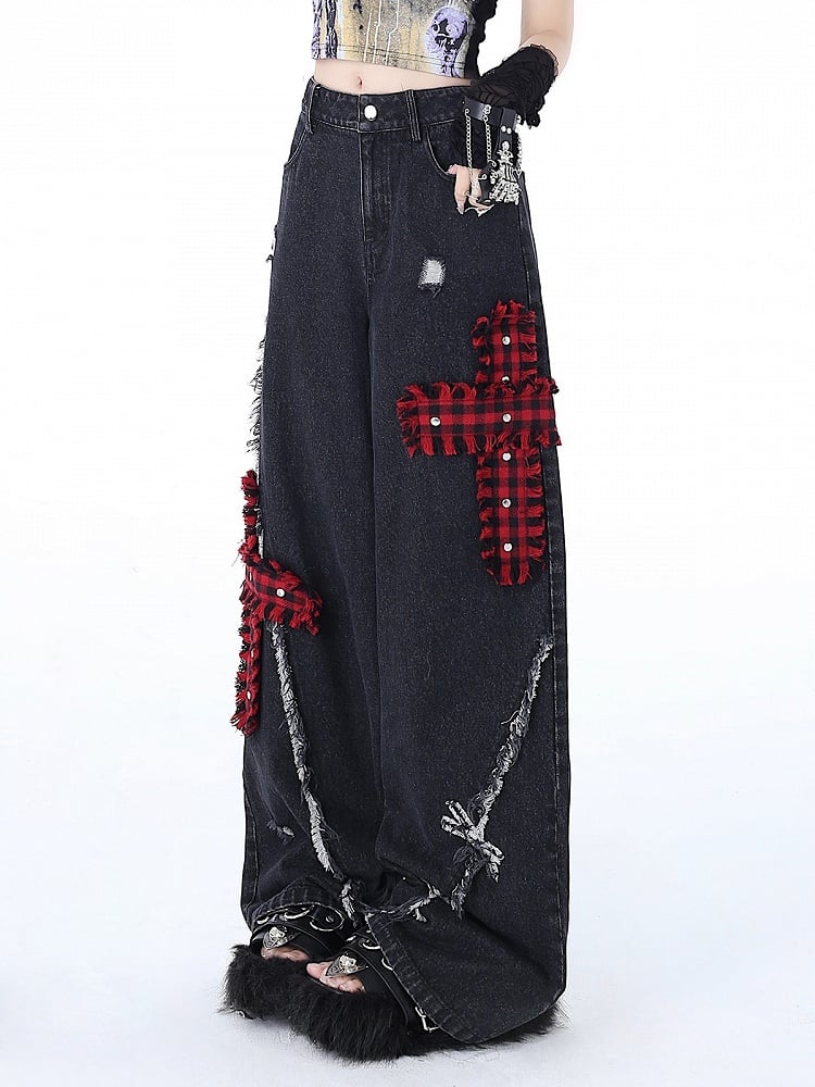 Red Plaid Crosses Black Punk Wide Leg Jeans Distressed Holes