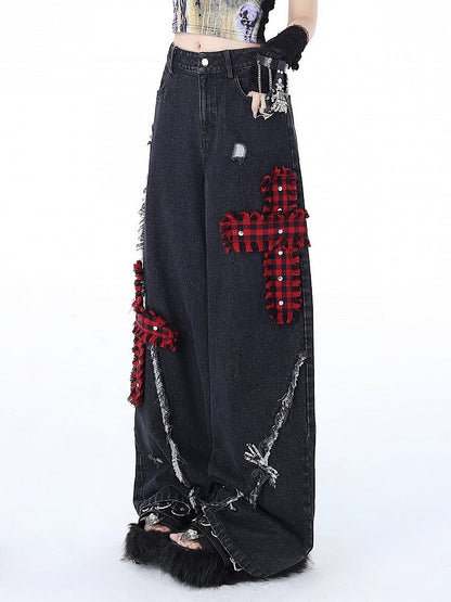 Red Plaid Crosses Black Punk Wide Leg Jeans Distressed Holes