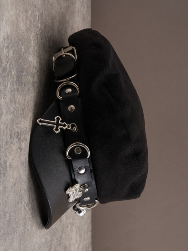 Black Gothic Studs Details Bone And Cross Charm Beret Hat