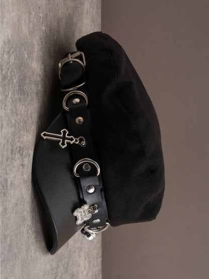 Black Gothic Studs Details Bone And Cross Charm Beret Hat