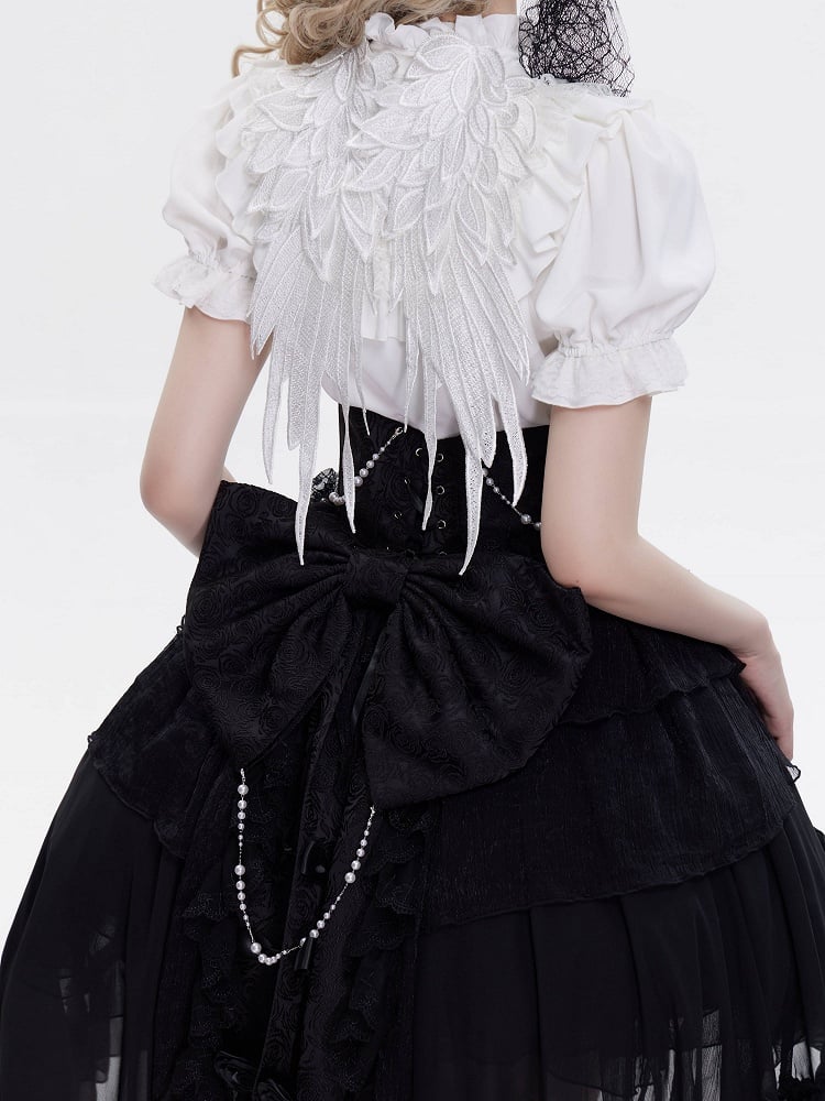 Lace Angel Wings at Back White Short Sleeves Blouse
