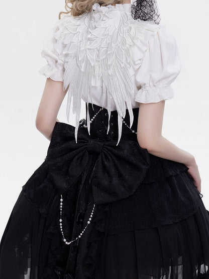 Lace Angel Wings at Back White Short Sleeves Blouse