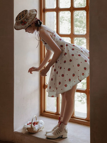 Summer Strawberry and Polka Dots Print Sun Dress White Sweet Lolita JSK
