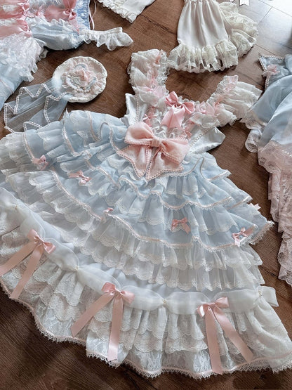 Blue and Pink Hime Lolita Bow Accents Tiered Skirt Princess Dress