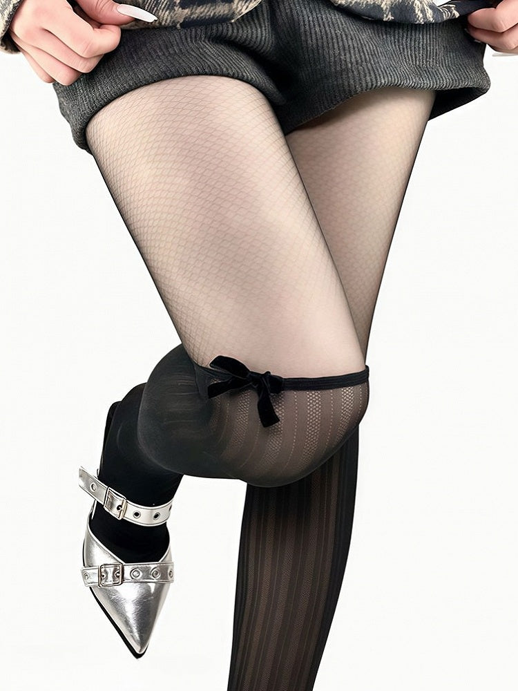 Black/Beige Bowknot Decorated Striped Tights