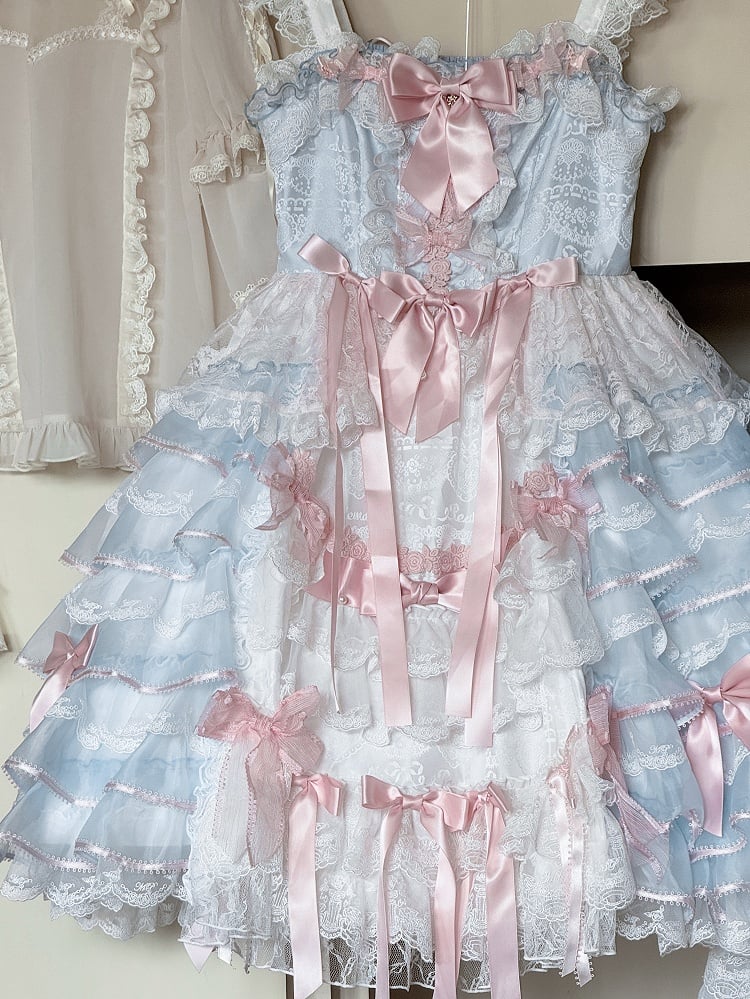 Blue and Pink Bow Accents Tiered Skirt Hanayome Hime Lolita Jumper Skirt