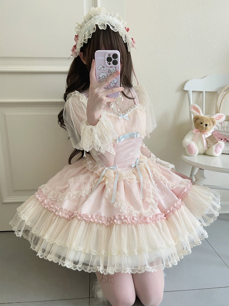 Pink Balletcore Small Bows Fabric Short Dress Lolita Jumper Skirt