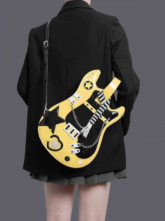 Yellow & Black Star Design Sweetheart Embroidered Guitar-shaped Bag