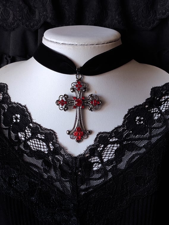 Clearance-Victorian Gothic Red Rhinestones Black Velvet Cross Choker