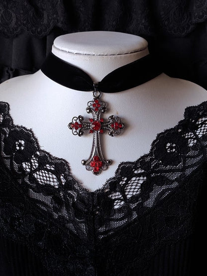 Clearance-Victorian Gothic Red Rhinestones Black Velvet Cross Choker