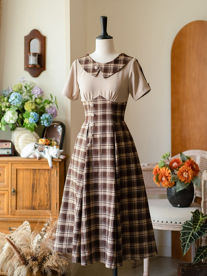 Slimming Dark Brown Retro Fashion Short Sleeves Plaid Dress