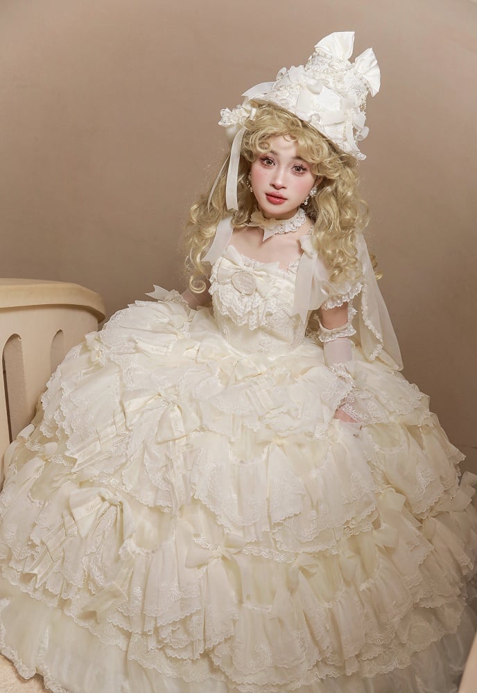Gorgeous Hanayome Lolita Creamy White Bow Accents Wedding Dress / Full Set