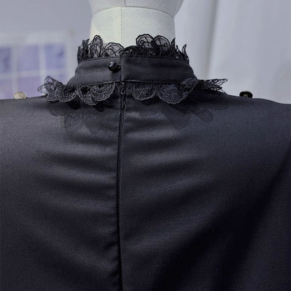 Ouji Lolita White and Black Five-Piece Set - Lace Collar Top + Detachable Pointed Hood + Ribbons + Shorts + Garter