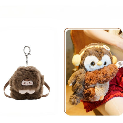 Brown Cute Plush Owl Backpack/Crossbody Bag+ Keychain