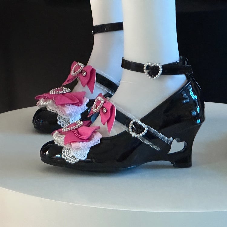 Black and Pink Gyaru Fashion Heart Cut-out Wedge Heels Mary Janes Jirai Kei Shoes