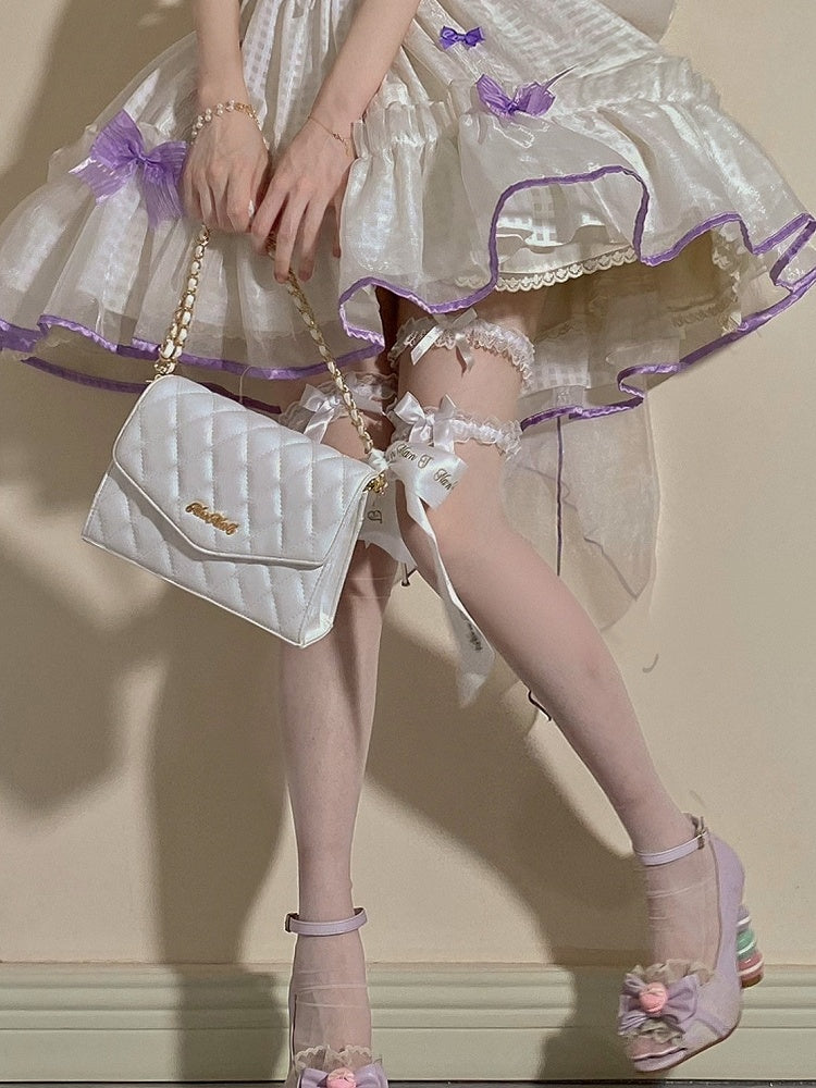 White/Black Semi-sheer Ruffled Lace Cuff Bow Over Knee Stockings