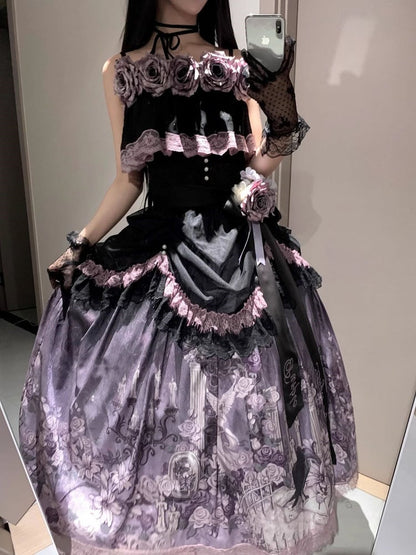 Black & Purple Ruffled Elegant Classic Lolita Top + Floral Print Skirt with Lace Trim Set