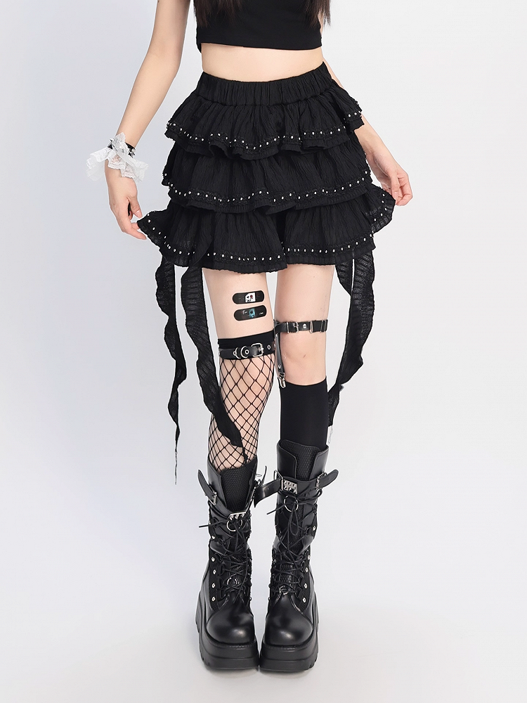 Black Cascading Ruffles Stud Details Balletcore Tiered Skirt