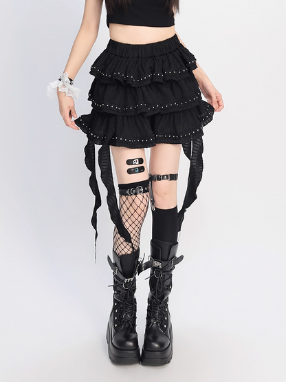 Black Cascading Ruffles Stud Details Balletcore Tiered Skirt