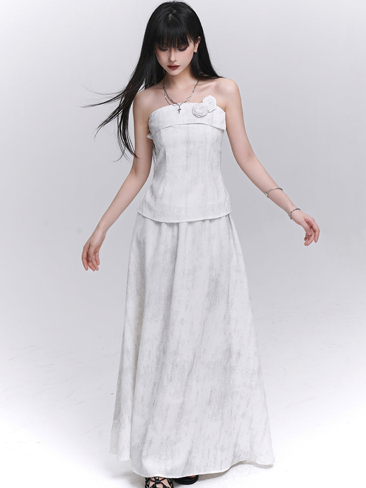 Off-white Floral Embellished Strapless Top / Elastic Waist Skirt