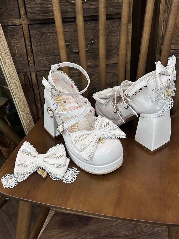 White Crisscross Design Heart Buckles Detachable Bow at Top High Block Heels