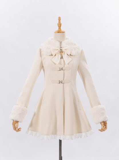 Creamy Jirai Kei Butterfly Buckles Closure Coat with Detachable Plush Collar and Cuffs