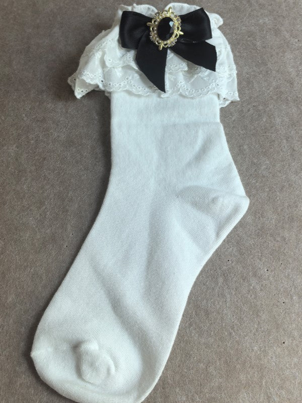 White Ruffled Cuff Jirai Kei Calf Socks With Pink/Blue/Purple/White/Black/Beige Bowknot Details