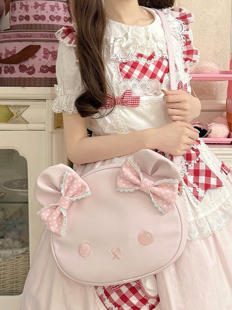 Pink Polka-dot Pattern Bowknot Details Bear Tote Bag