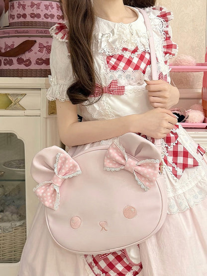 Pink Polka-dot Pattern Bowknot Details Bear Tote Bag