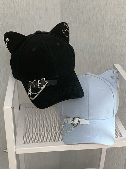 Blue/Black/Yellow Cross Charm Pin Decorated Star Buckle Kitty Ear Cap