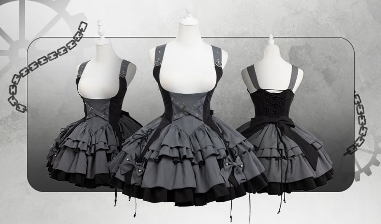 Gray and Black Under Bust Techwear Buckle Strap Lolita Dress