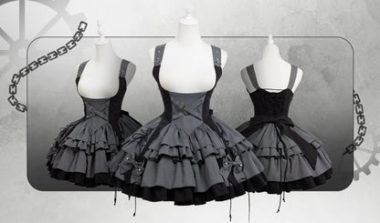 Gray and Black Under Bust Techwear Buckle Strap Lolita Dress