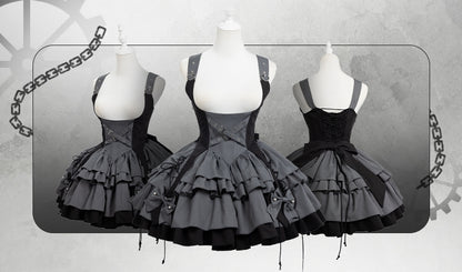 Gray and Black Under Bust Techwear Buckle Strap Lolita Dress