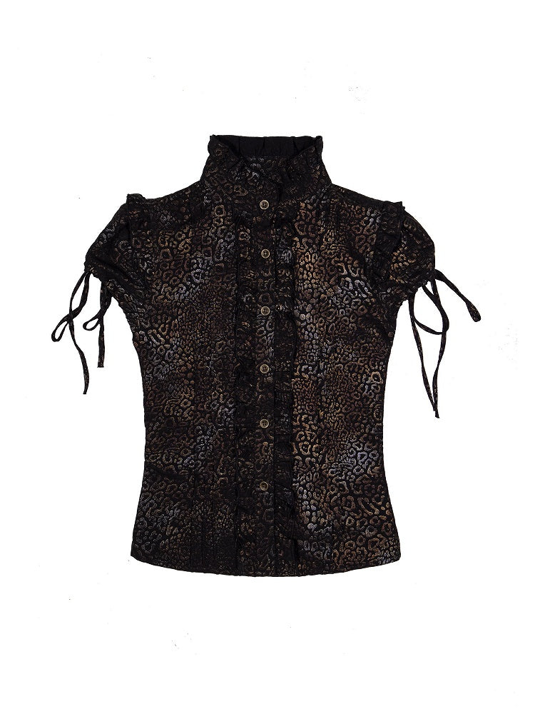Y2K Gyaru Fashion Black Short Sleeve Leopard Print Punk Top with Ruffle Trim & Puff Sleeves