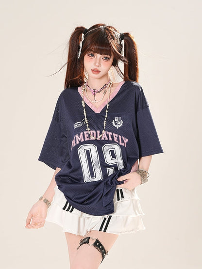 Gray/Dark Blue Number Print Hollow-out T-shirt V-neck Loose Top