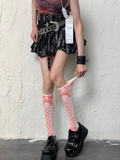 White&Orange Y2K Crisscorss Banded Bunny And Bowknot Print Underknee Stockings
