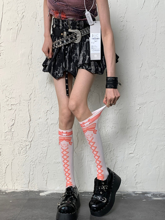 White&Orange Y2K Crisscorss Banded Bunny And Bowknot Print Underknee Stockings