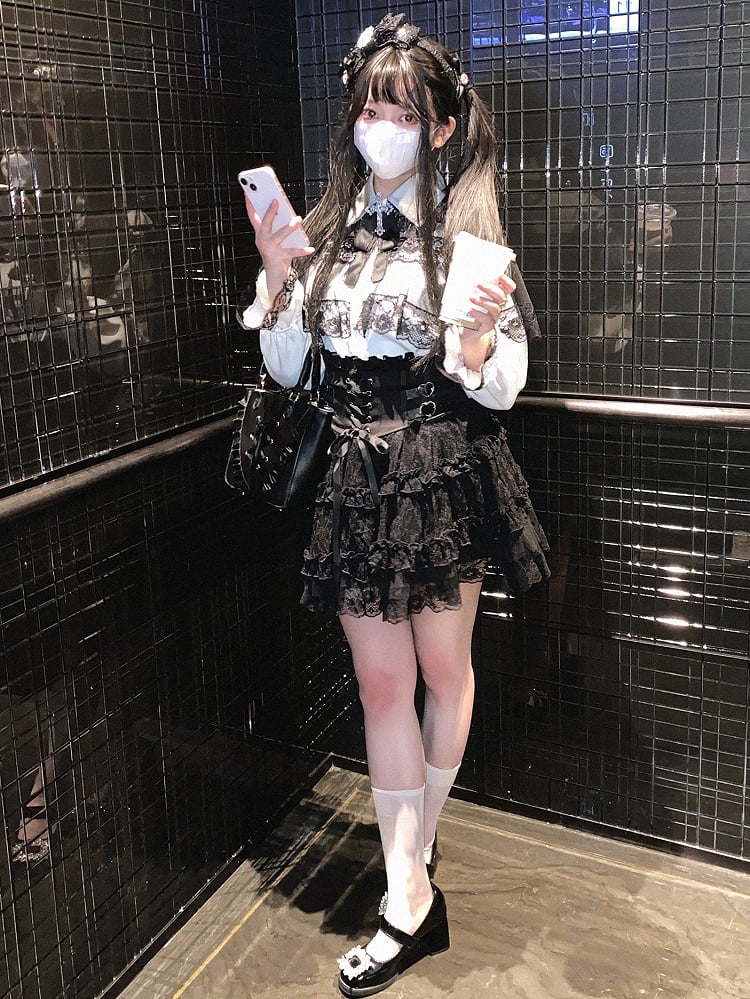 Jirai Kei High Waist Tiered Lace Skirt | Heart Buckles & Lace-Up Detail | 5 Colors